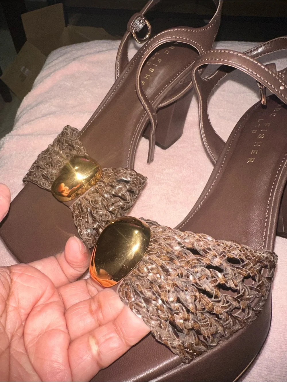 Marc Fisher Dark Brown Braided Platform Sandals with Gold Accent